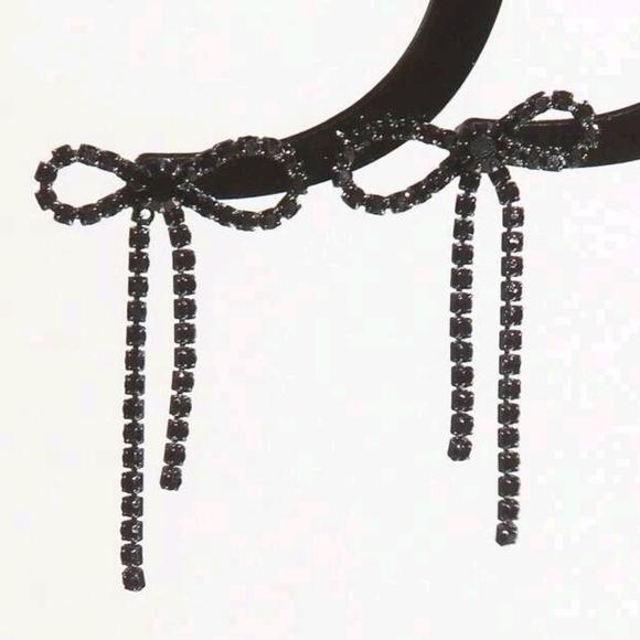 NEW!! Gold Plated Minimalist Black Rhinestones Bow Dangling Drop Post Earrings - Picture 3 of 5